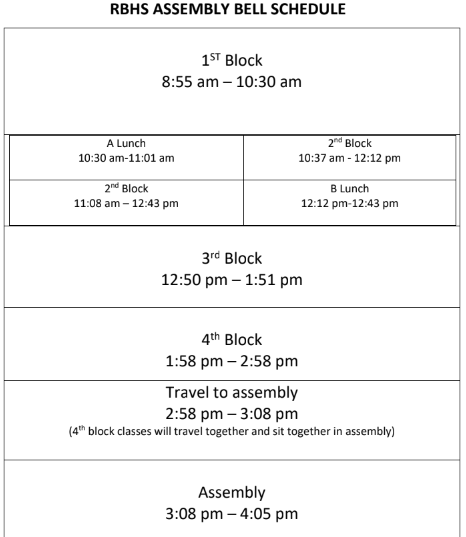 Assembly Schedule Image. Click link below for PDF version of schedule